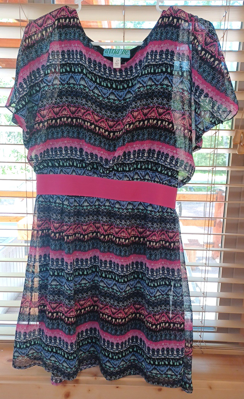 Aina be Women Sheer Pink Black Lined Knee Dress Sz L Cap Sleeve Boho
